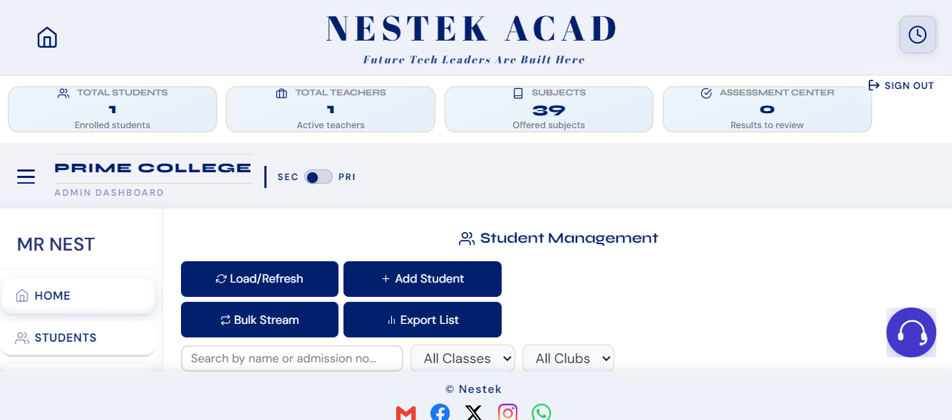 Nestek Acad admin dashboard screenshot