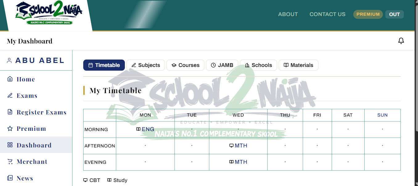 School2Naija student dashboard timetable screenshot